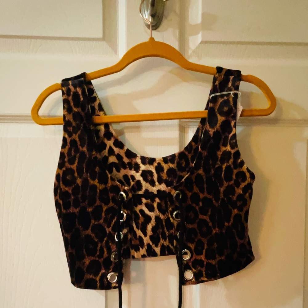 MXCI Velvet Leopard Print Lace-Up Crop Top